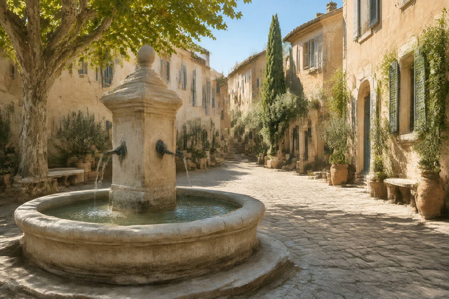 Fontaine publique en pierre dans une rue provençale au soleil