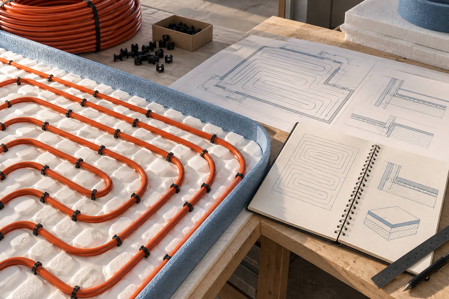 Gros plan sur des tuyaux de plancher chauffant posés sur un isolant à rainures