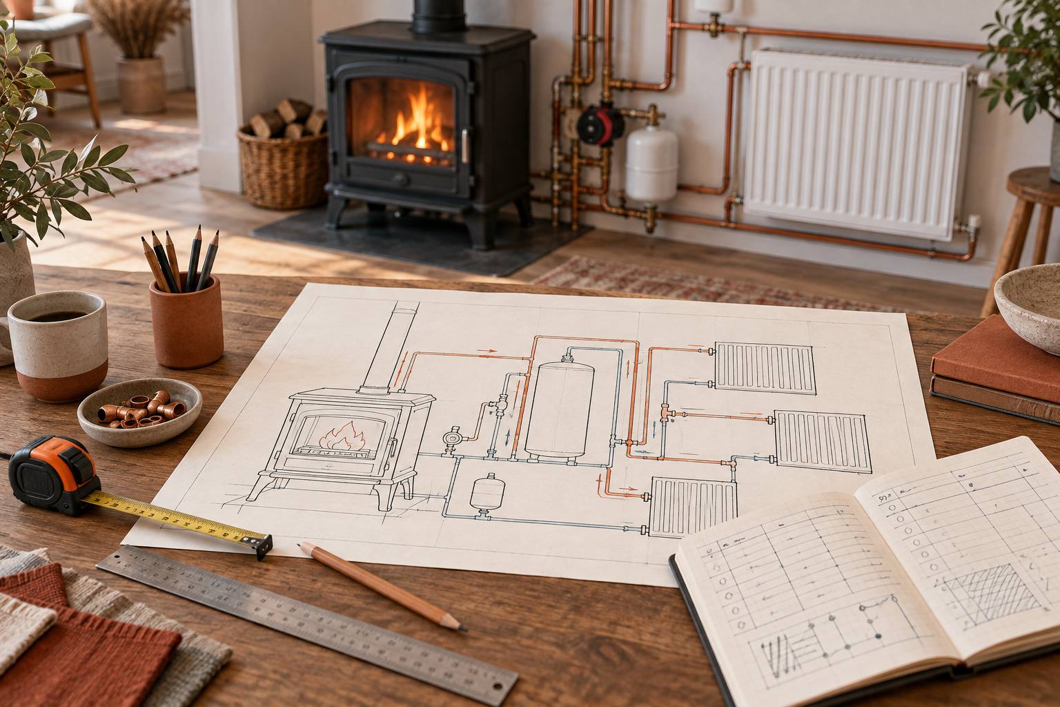 Illustration éditoriale du sujet : Guide complet : maîtriser la cuisinière à bois pour un chauffage central efficace
