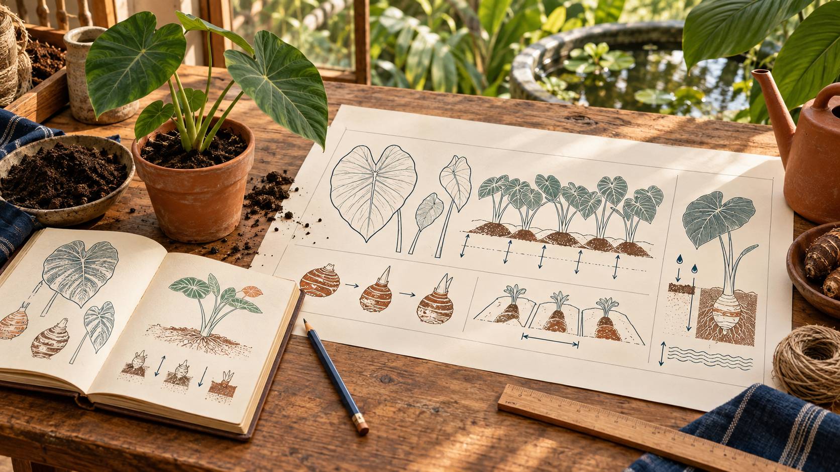 Illustration éditoriale du sujet : Guide complet pour réussir la plantation et la culture du taro