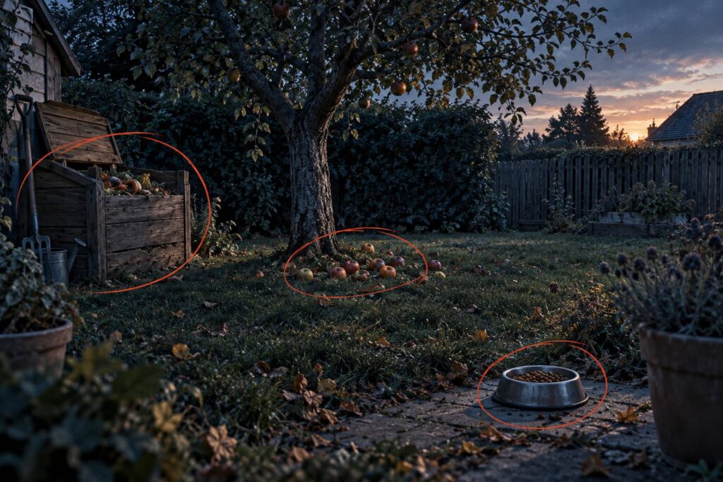 Jardin au crépuscule avec composteur ouvert, fruits tombés et gamelle au sol