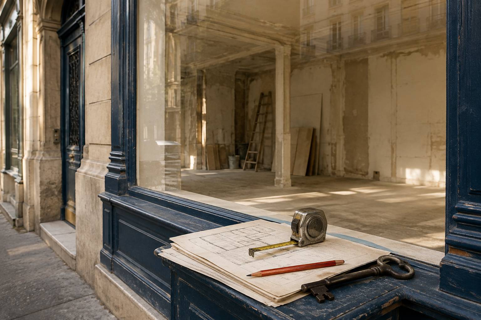Local commercial avec grande vitrine sans enseigne et une clé ancienne posée sur le rebord