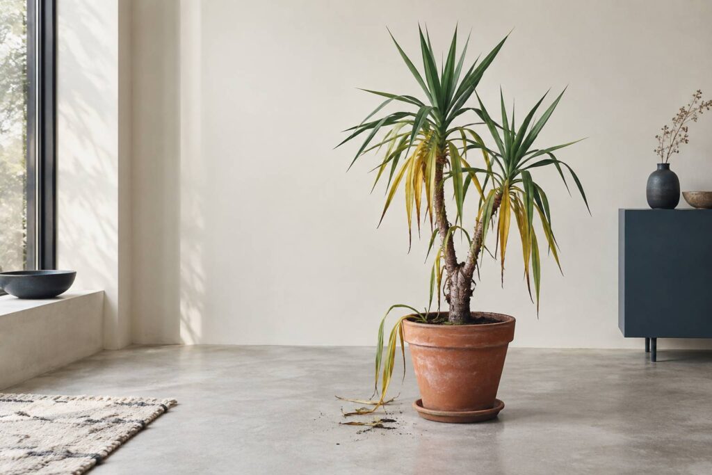 Yucca en pot aux feuilles jaunissantes avec terreau humide