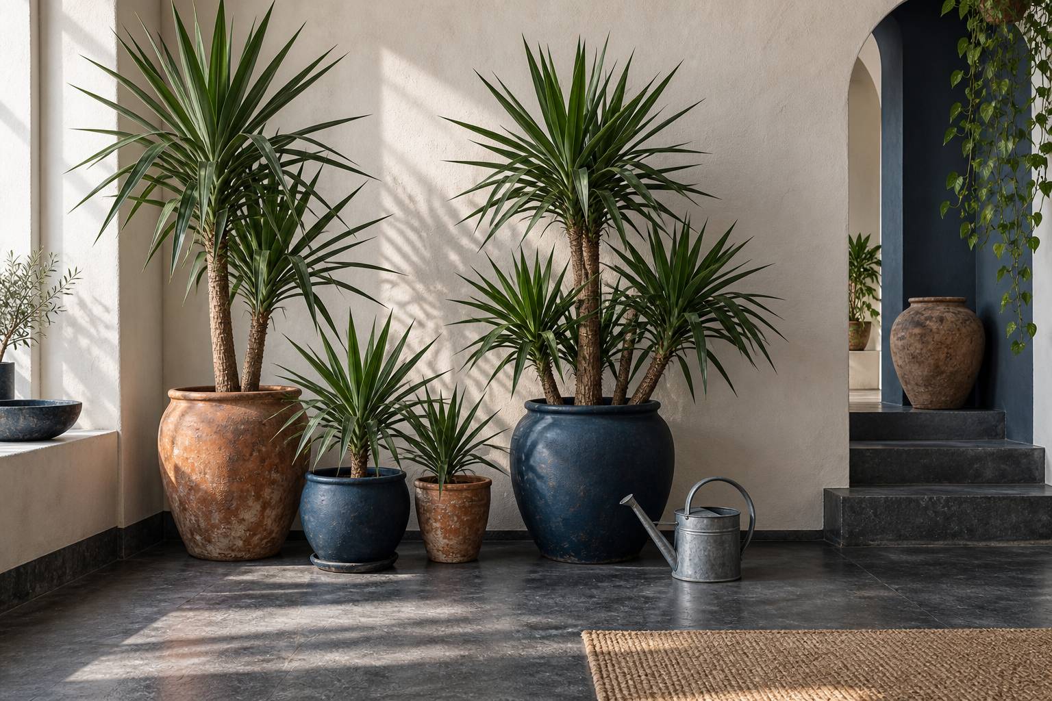 Yucca en pot aux feuilles jaunissantes avec terreau humide
