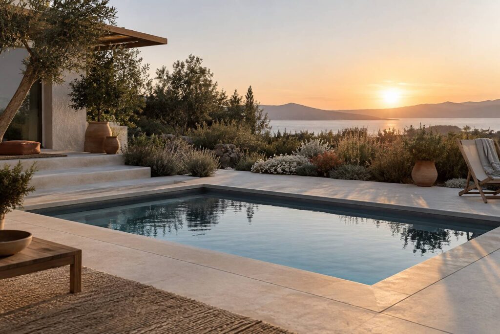 Petite piscine encastrée dans une terrasse claire avec plantations basses