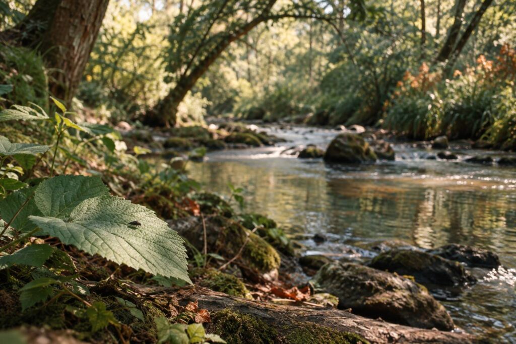 Petit insecte sombre posé sur une feuille au bord d'une rivière ombragée