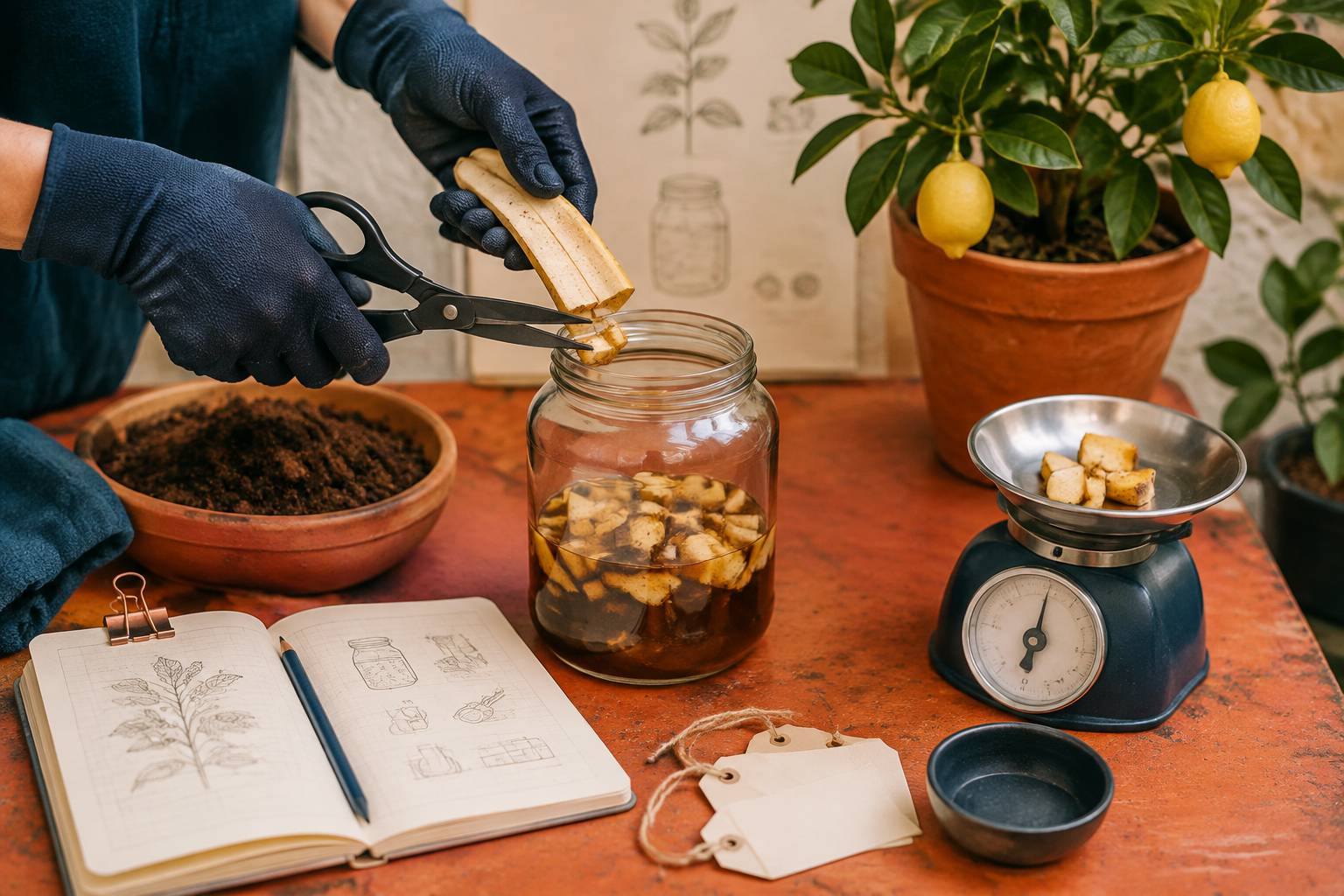 Peaux de banane préparées en infusion près d'un citronnier