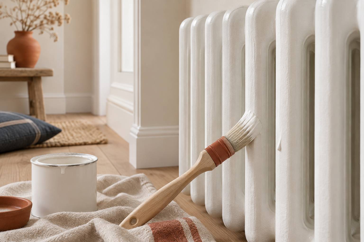 Pinceau a rechampir appliquant de la peinture blanche sur le bord d'un radiateur en fonte