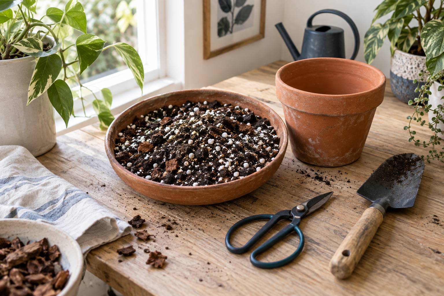 Table de rempotage avec substrat aere et petit materiel de jardinage