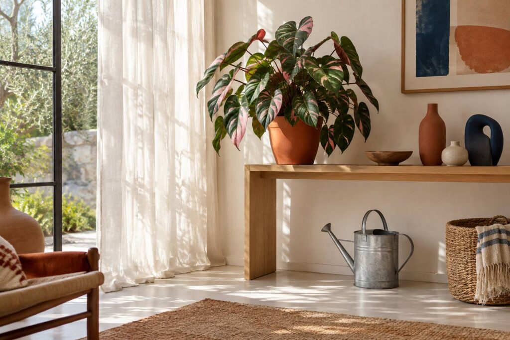 Philodendron a feuillage vert et rose dans un interieur lumineux