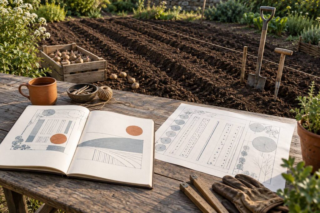 Sillons de potager prêts pour planter des pommes de terre au printemps
