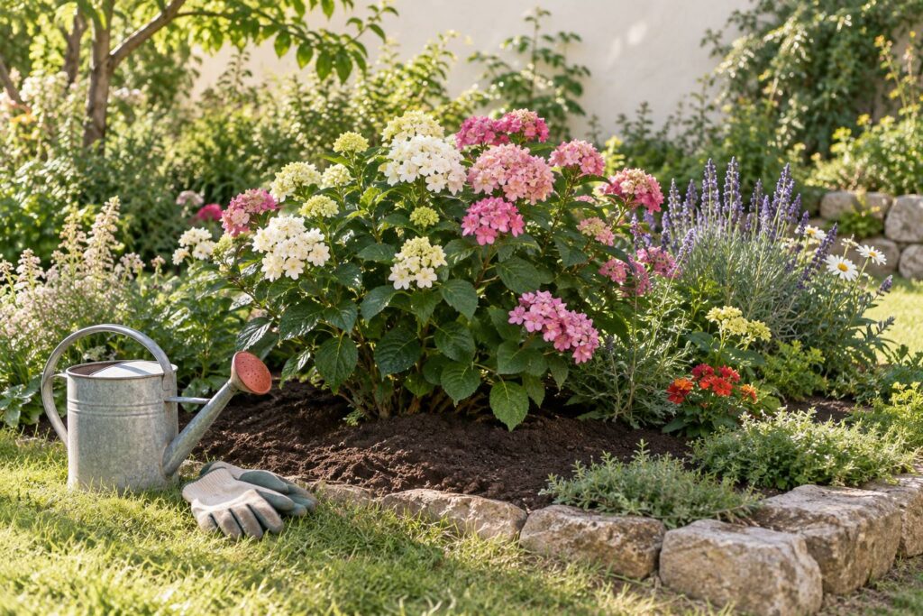 Arbuste fleuri multicolore dans un massif de jardin ensoleillé