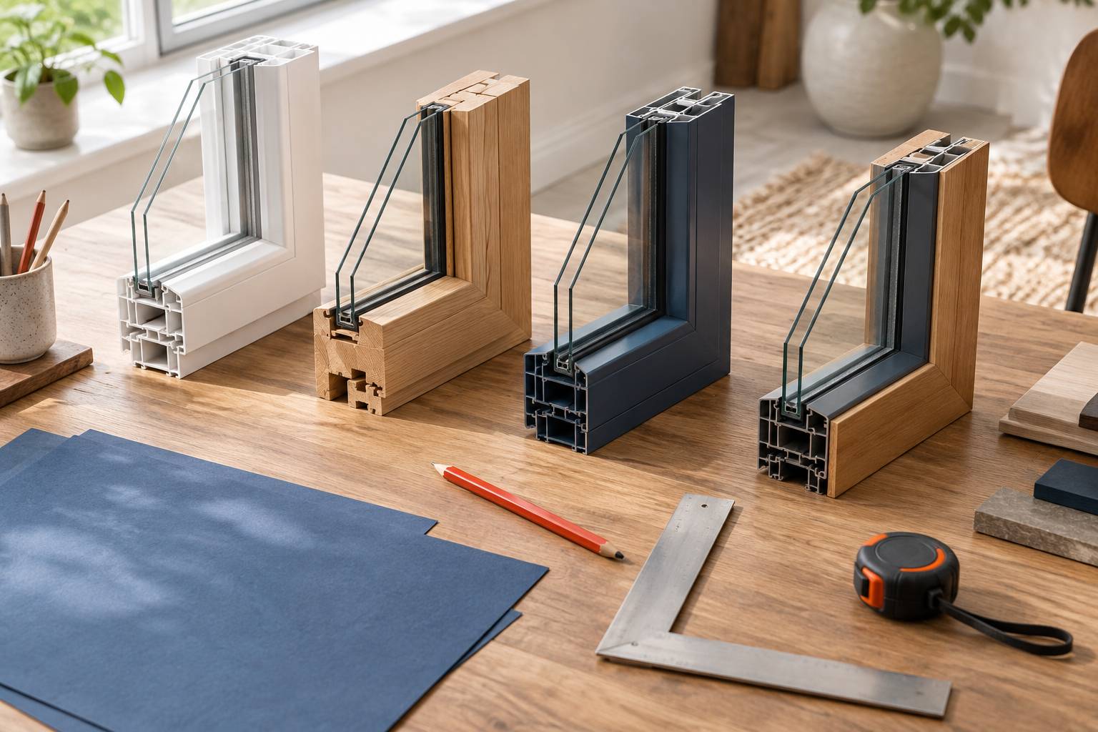 Echantillons de menuiserie en PVC, bois et aluminium sur une table d'atelier