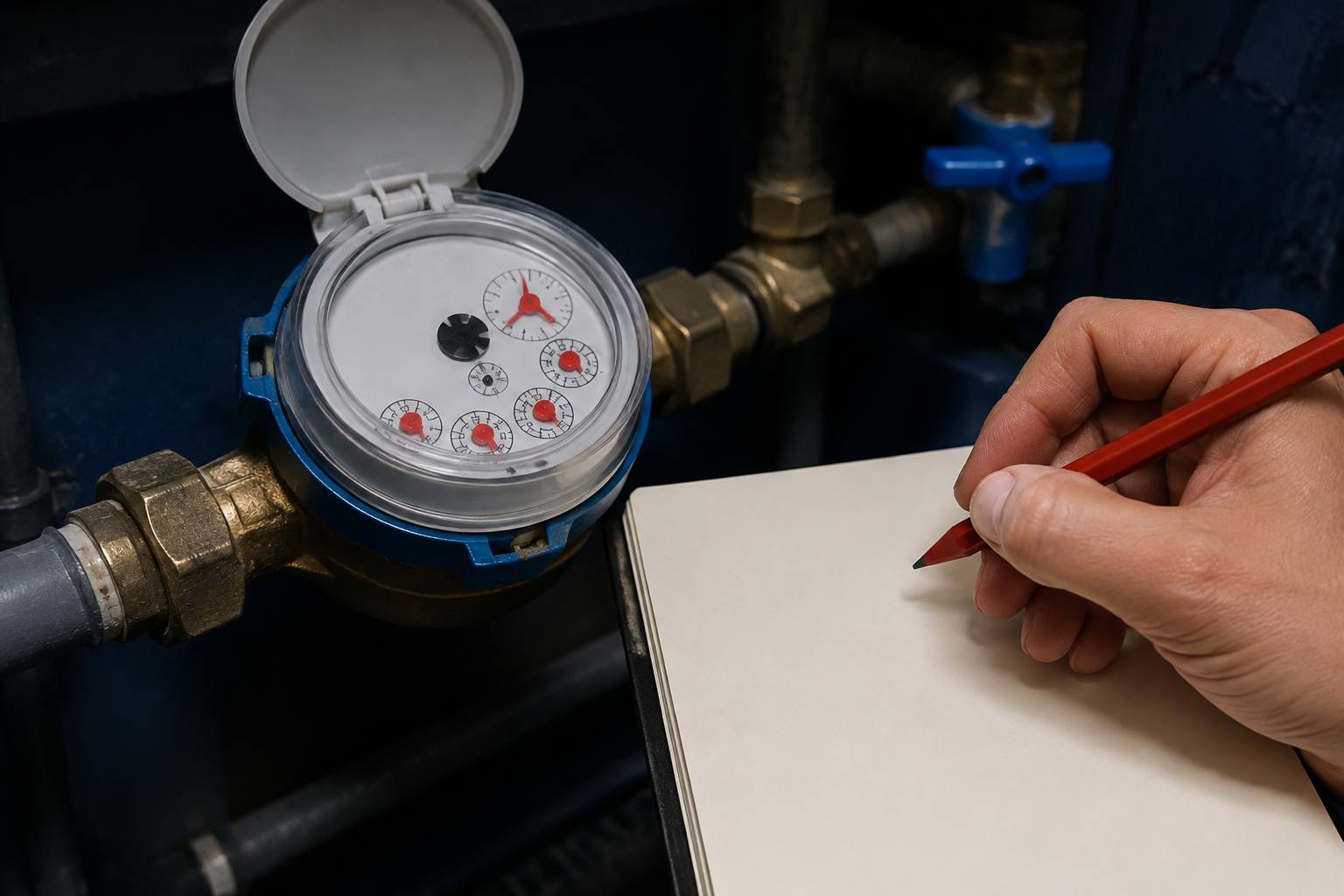 Relevé d'un compteur d'eau à cadran blanc avec une main tenant une feuille et un stylo