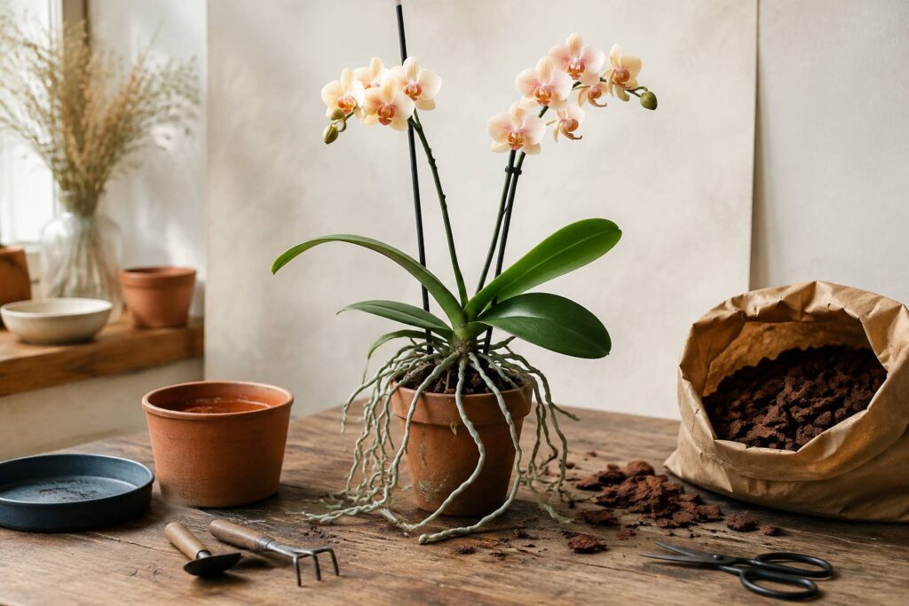 Orchidée en pot posée sur une table d'atelier avec un sachet de substrat d'écorces de pin