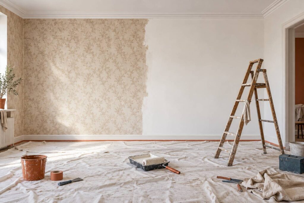 Mur a papier peint a demi repeint avec bache et rouleau de peinture