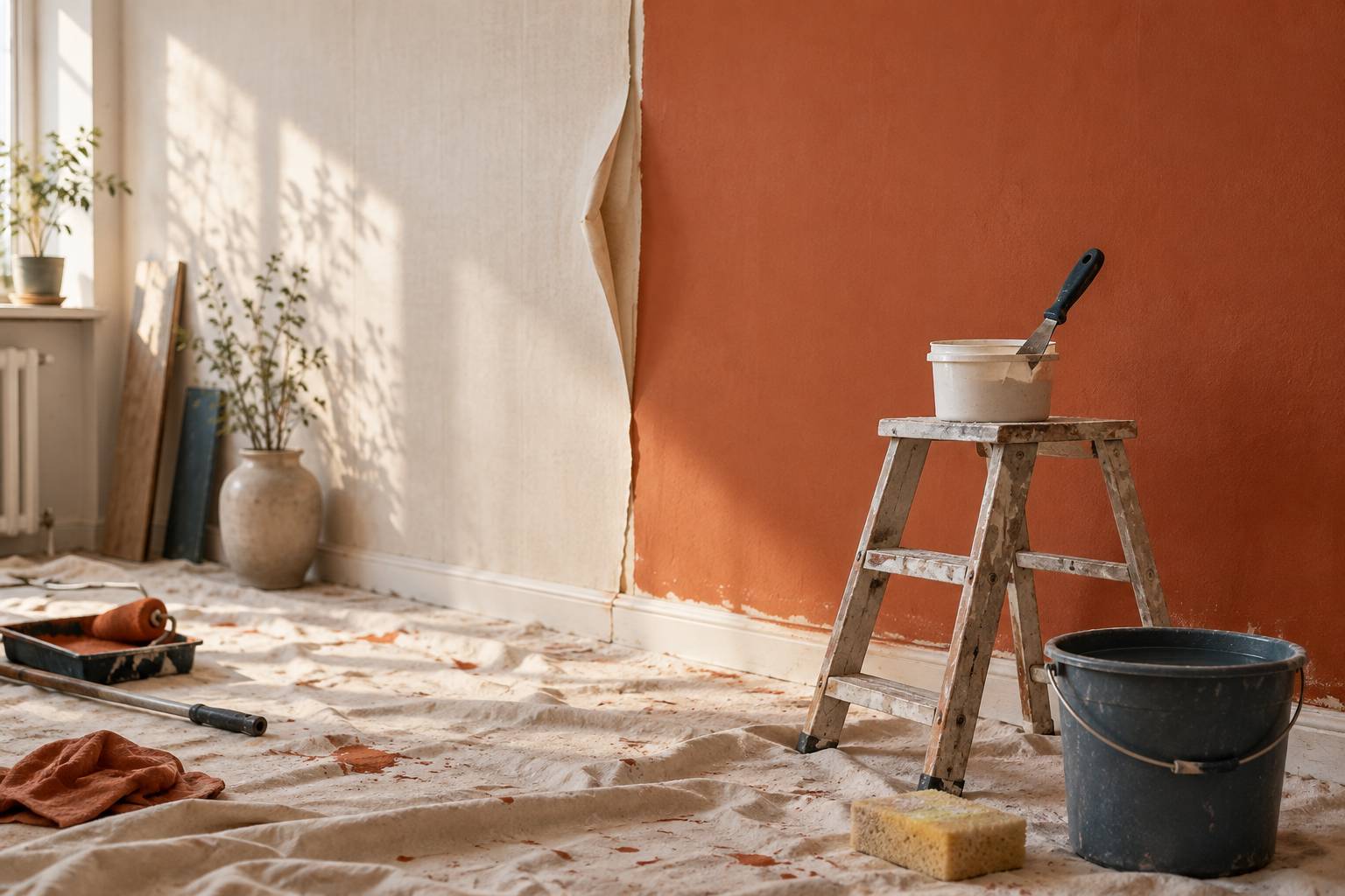Spatule, enduit et seau d'eau pres d'un papier peint decolle