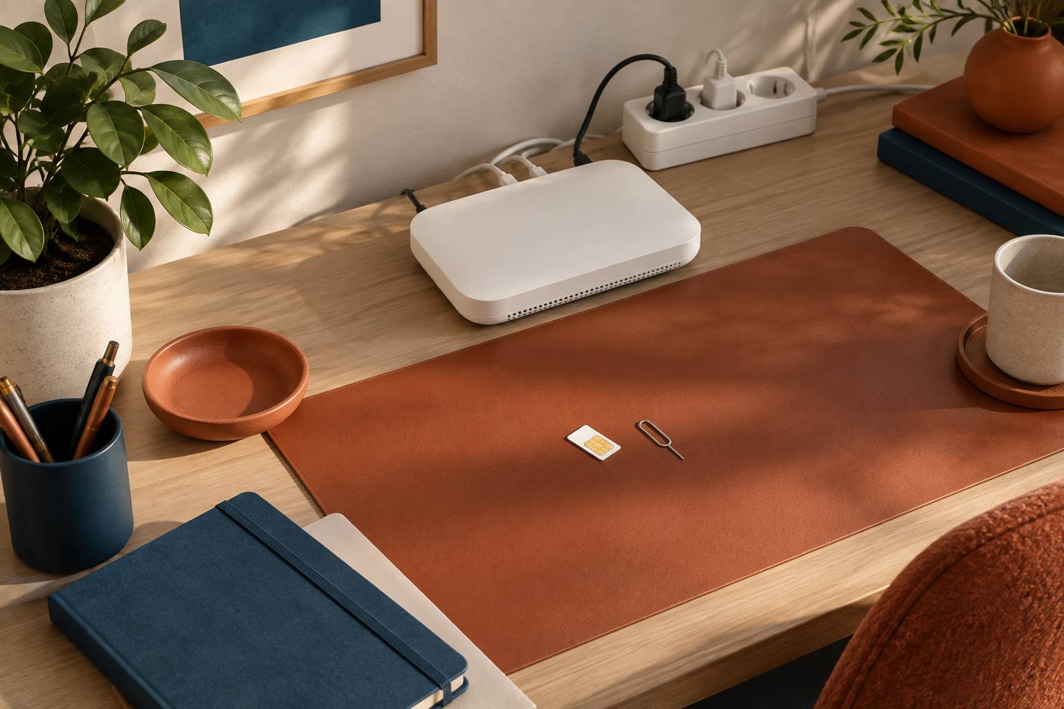 Boitier internet branche avec carte SIM et aiguille sur un bureau