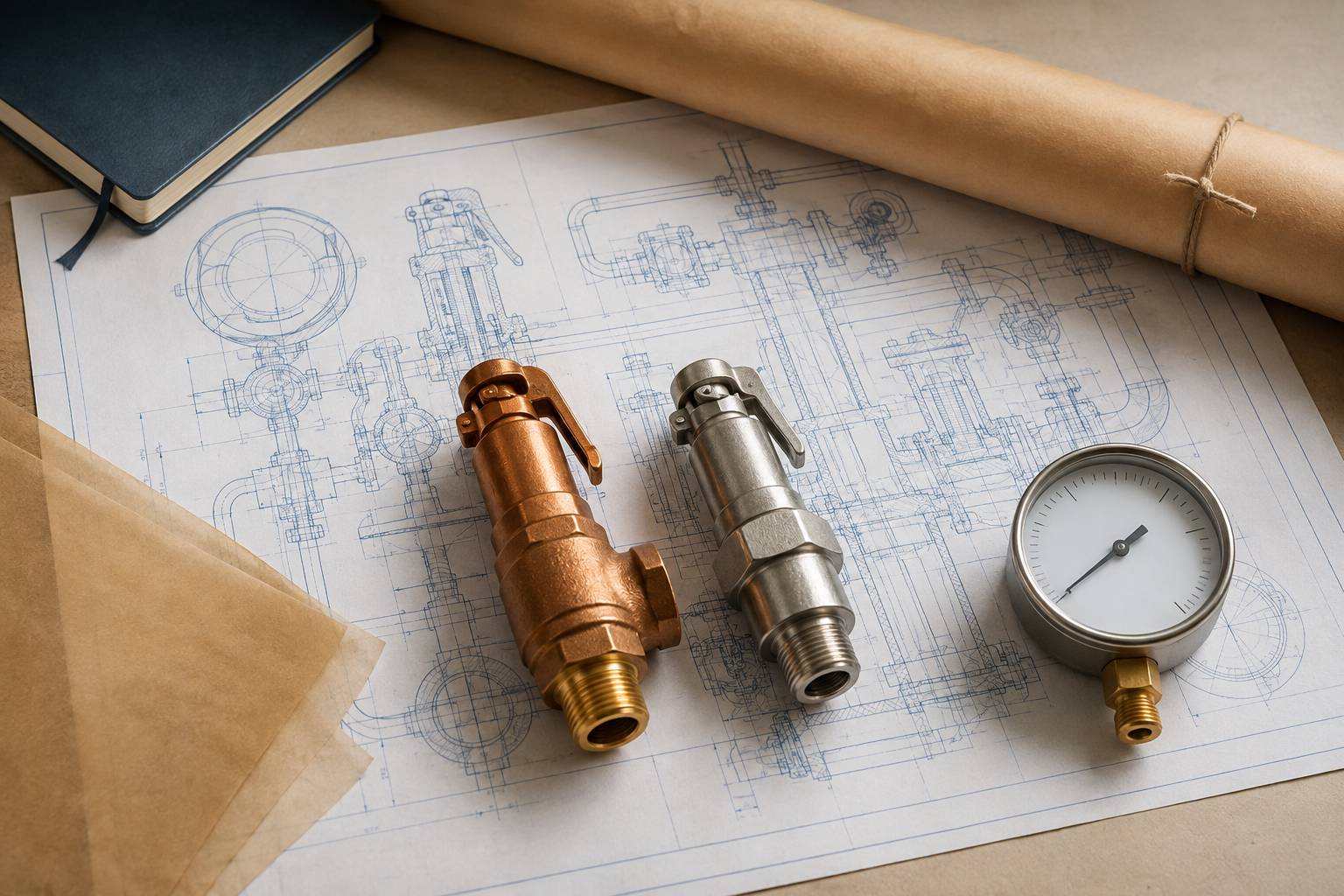 Soupapes de sécurité neuves en laiton et inox sur un plan technique avec manomètre