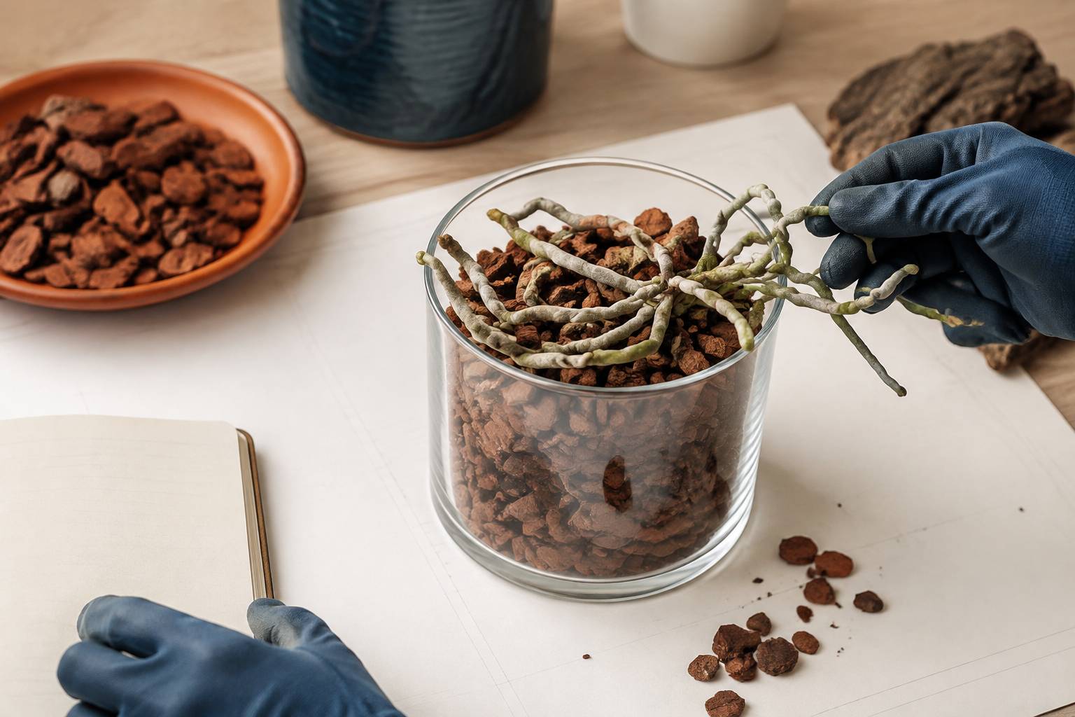 Mélange d'écorces de pin calibrées et racines d'orchidée dégagées lors du rempotage
