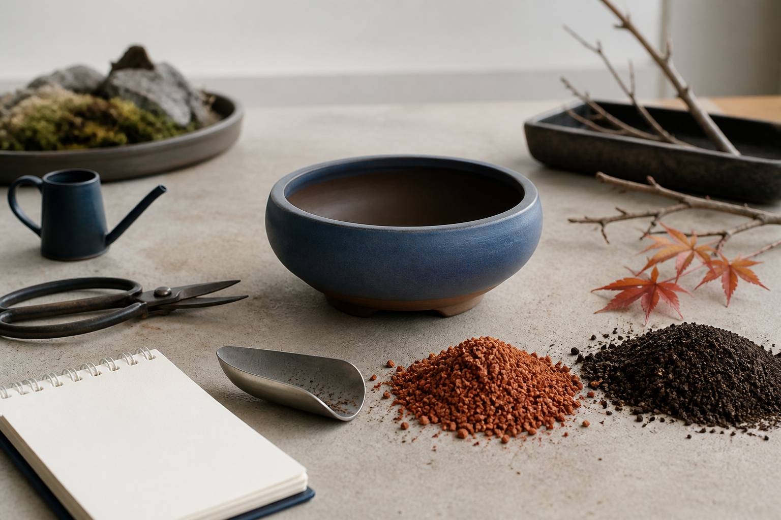 Pot de bonsaï et substrat granuleux avec petits outils de rempotage sur l'établi