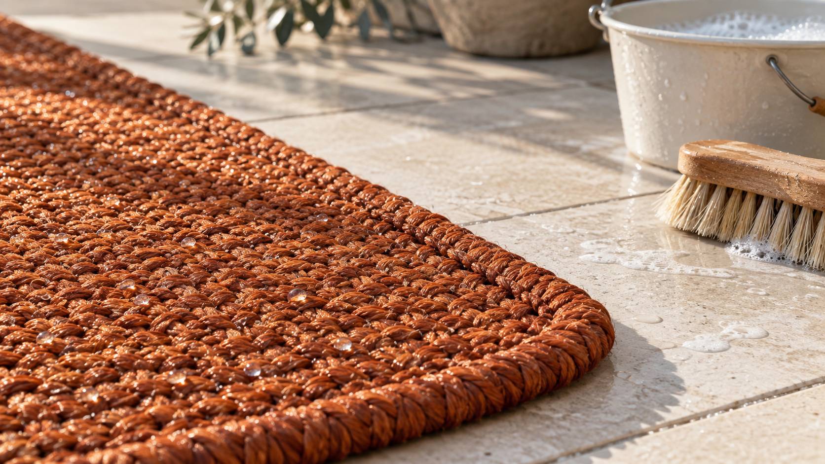 Gros plan d'un tapis d'extérieur tressé avec gouttelettes d'eau et brosse