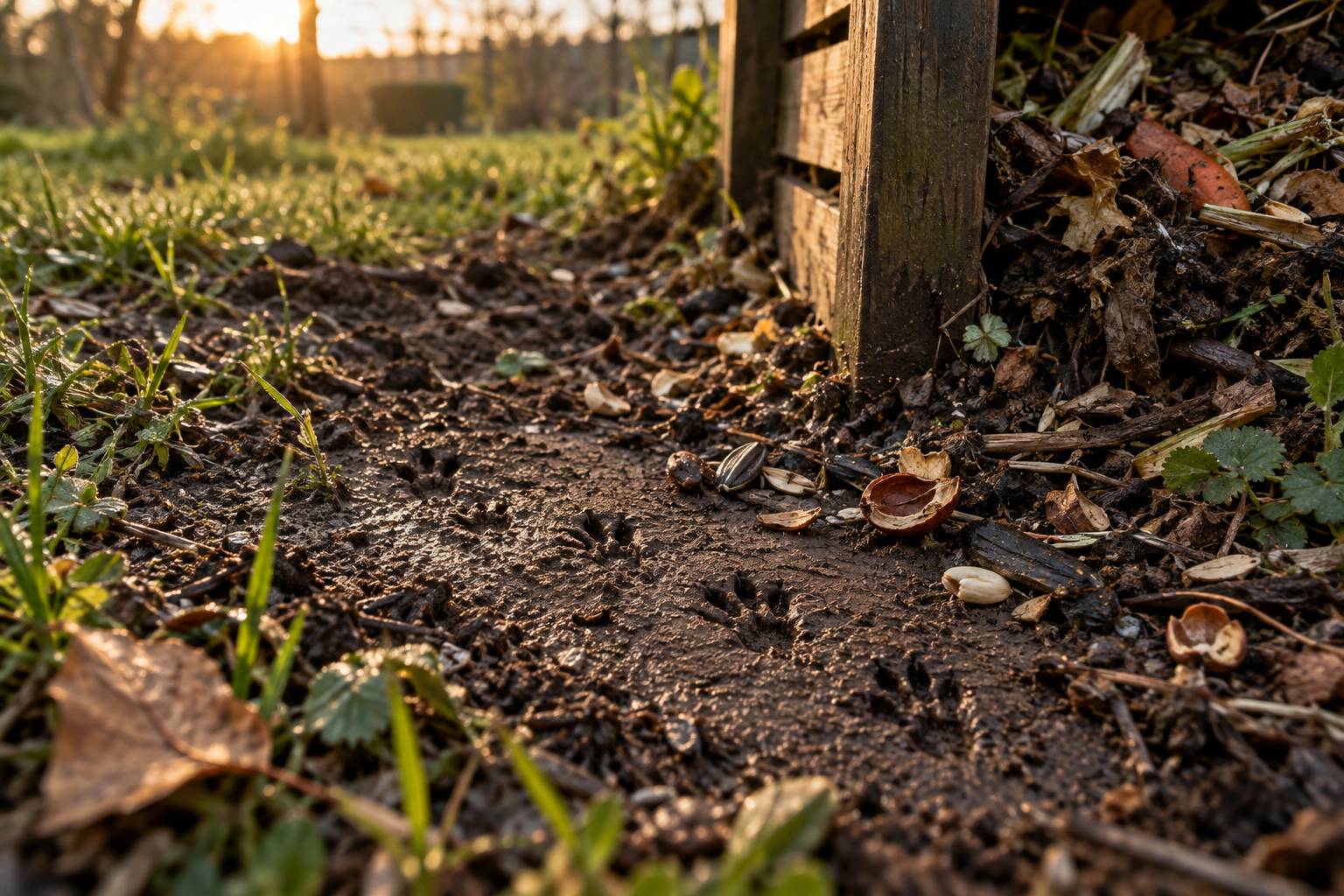 Traces de rongeur et coques rongées dans la terre près d'un composteur