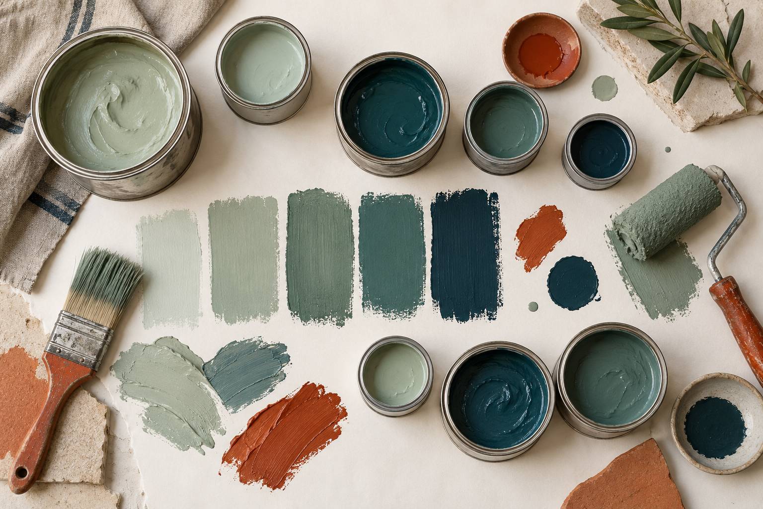 Nuancier de peintures vert de gris avec pots ouverts et pinceau