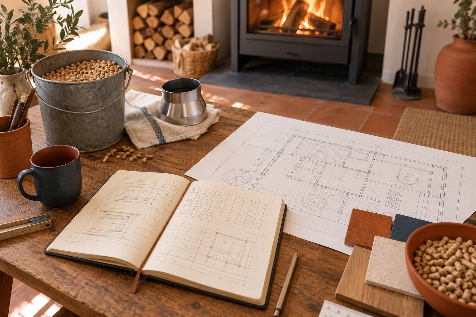 Granulés de bois et adaptateur métallique près d'un insert à bûches