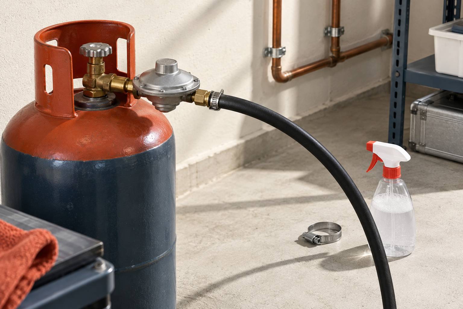 Vue rapprochee du detendeur et du flexible raccordes sur une bouteille de gaz