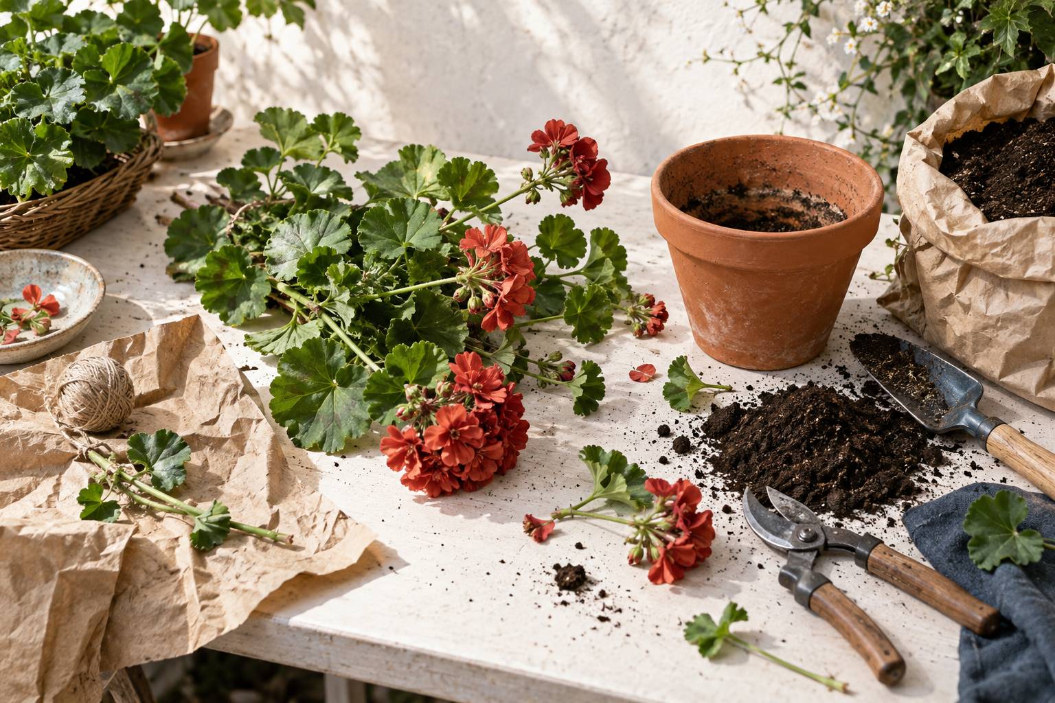 Tiges de geranium et materiel de jardinage sur un plan de travail