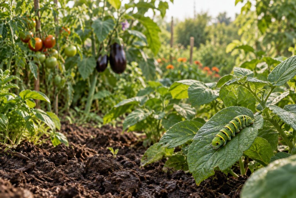 Grosse chenille verte et jaune sur une feuille dans un potager