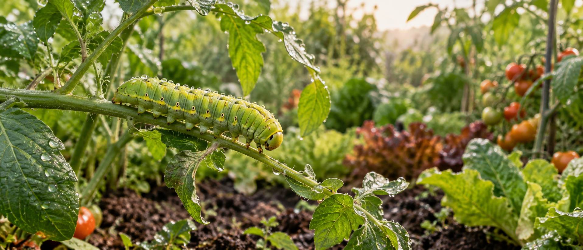 Gros plan d'une chenille verte et jaune sur une tige du potager