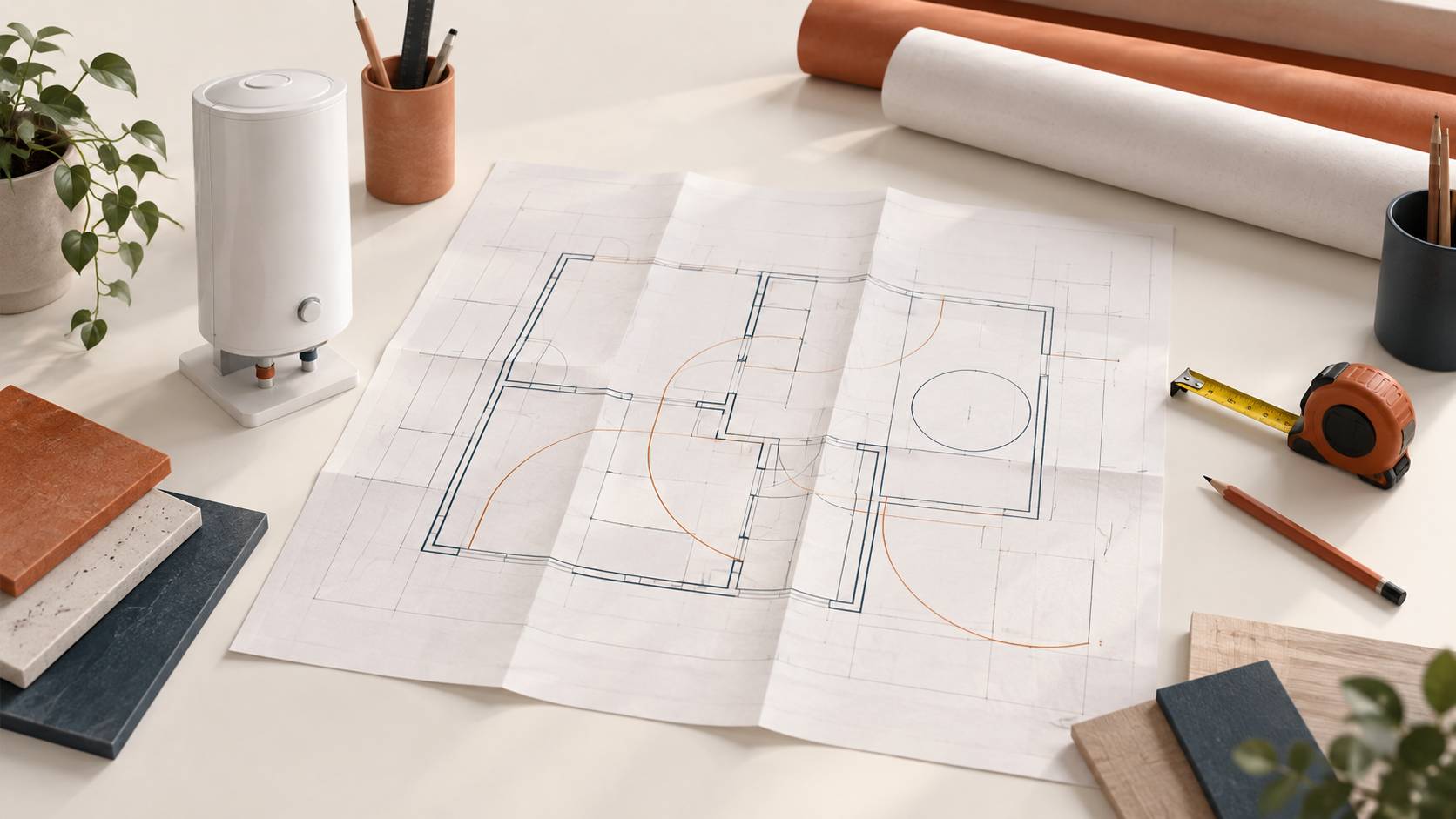 Plan de bâtiment et crayon sur une table d'atelier