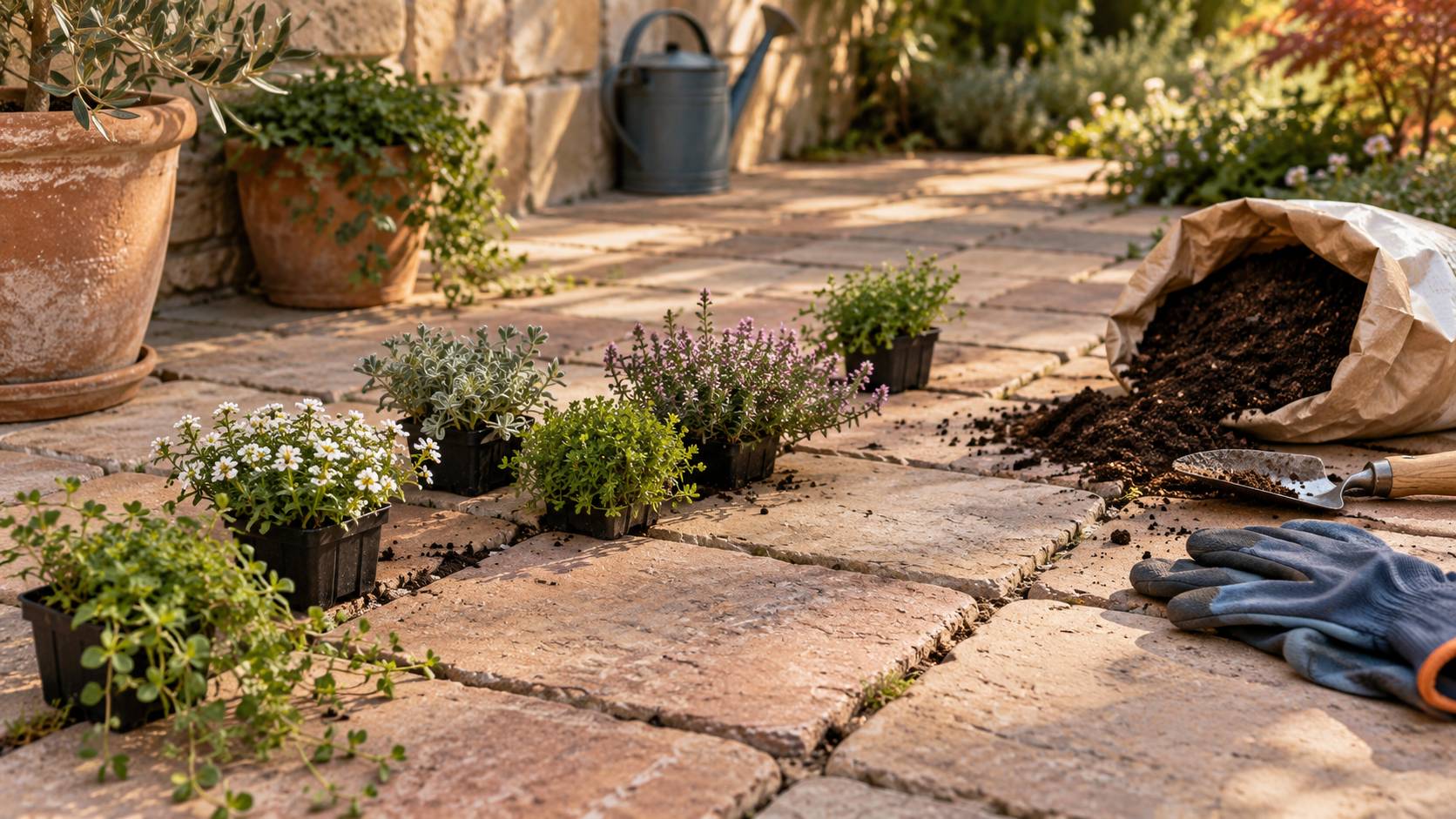 Pavés de terrasse prêts à être plantés de vivaces tapissantes avec terreau et gants