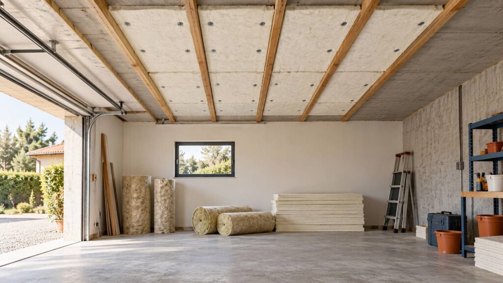 Plafond de garage recouvert de panneaux isolants clairs entre les solives