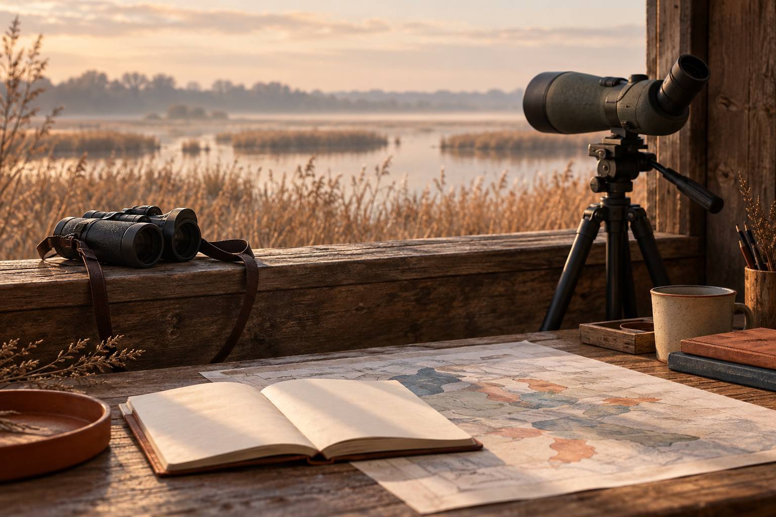 Jumelles et carnet sur un observatoire nature en bois