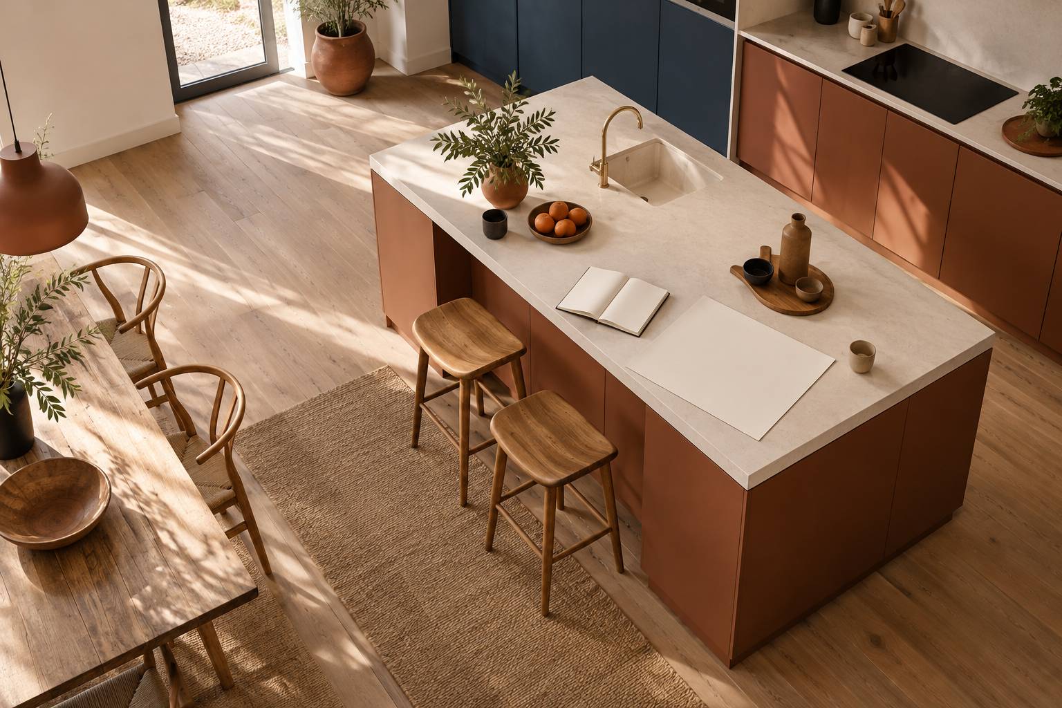Sol de cuisine en parquet clair autour d'un ilot central