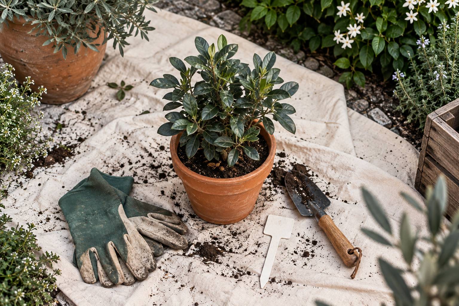 Jeune pittosporum en pot avec terreau, gants et transplantoir sur une bache