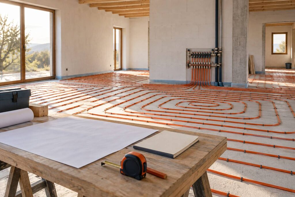 Tubes de plancher chauffant en spirale sur une dalle de chantier avec collecteur