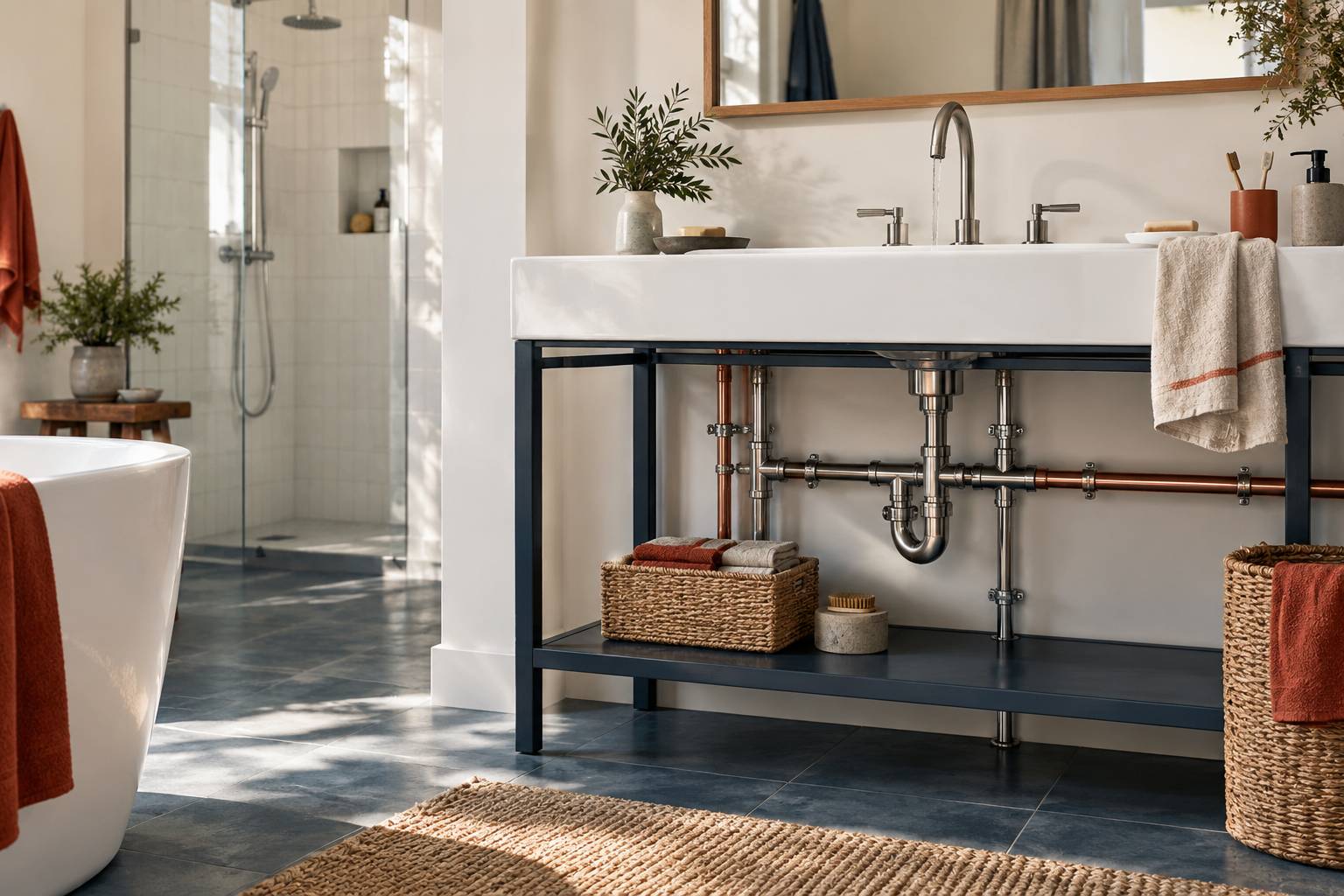 Robinetterie de salle de bain avec filet d'eau et serviette de lin