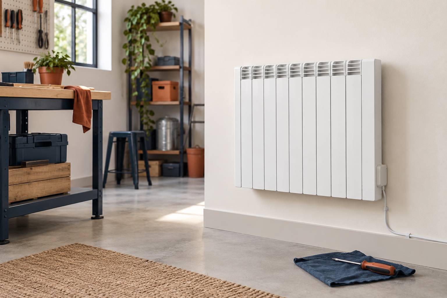 Gros plan sur un radiateur electrique fixe et son alimentation