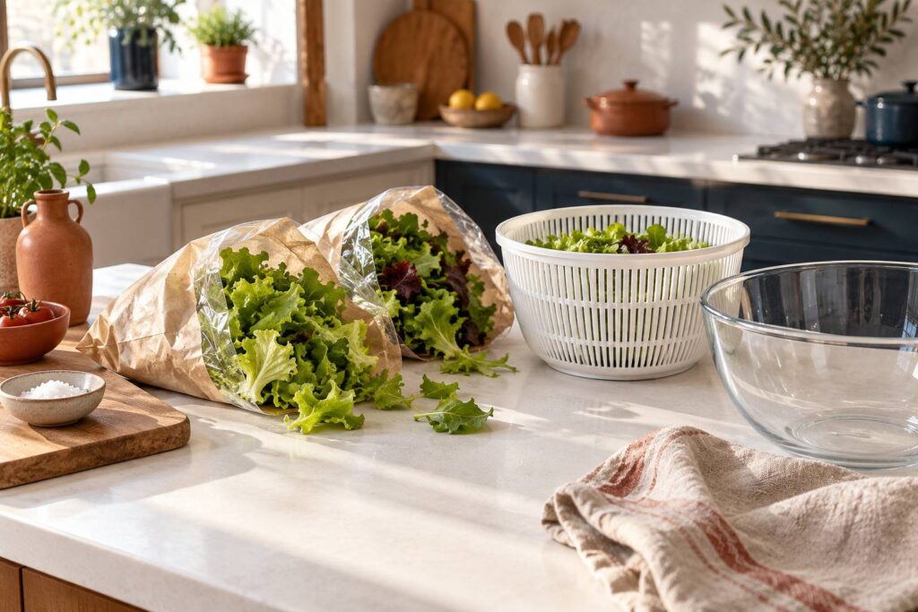 Sachets de salade verte ouverts sur un plan de travail clair
