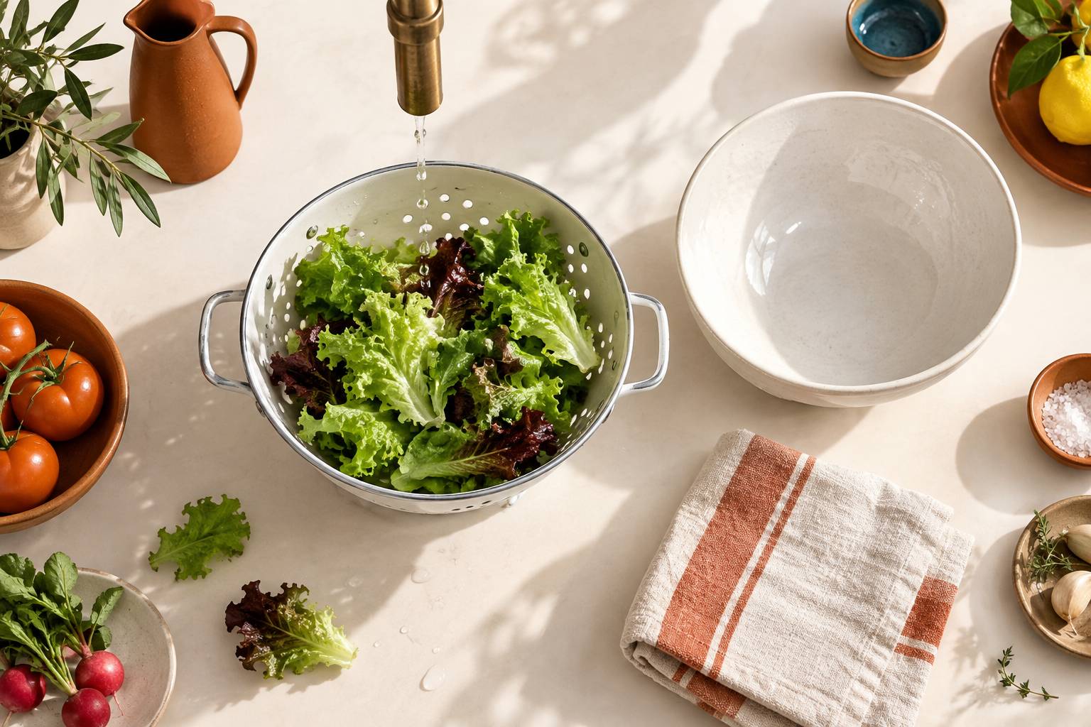 Feuilles de salade lavees dans une passoire avec torchon