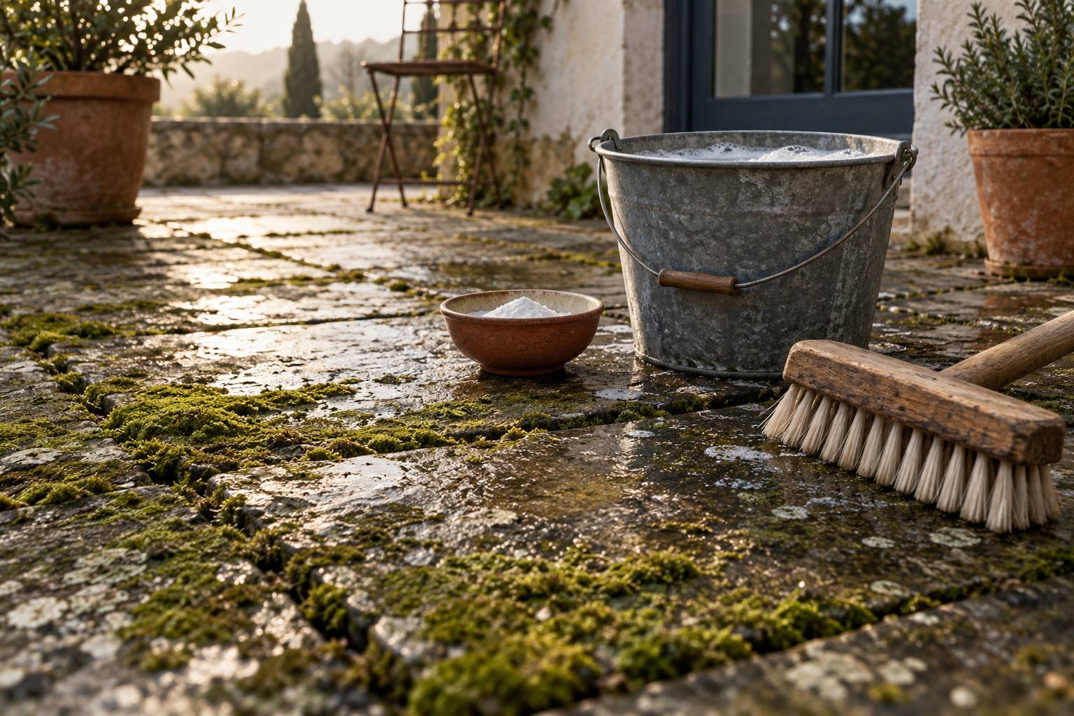 Dalles de terrasse moussues avec brosse et seau d'eau