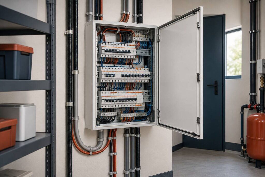 Coffret electrique mural ouvert avec disjoncteurs alignes et cables gaines