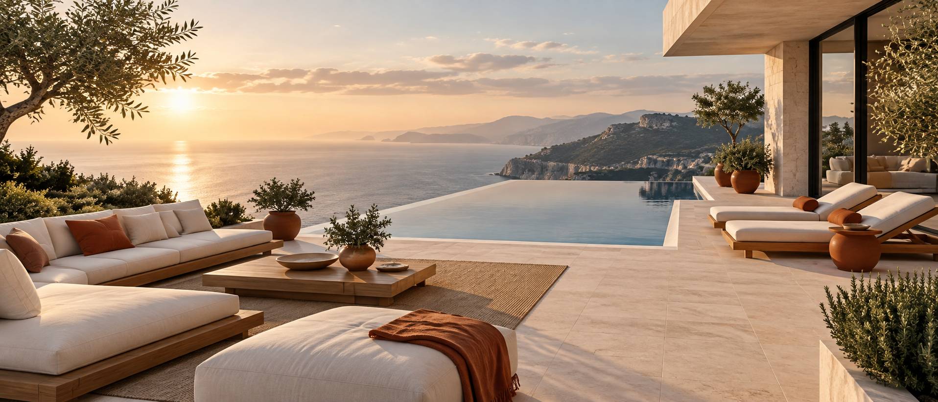 Terrasse haut de gamme en teck avec vue sur la cote et piscine a debordement