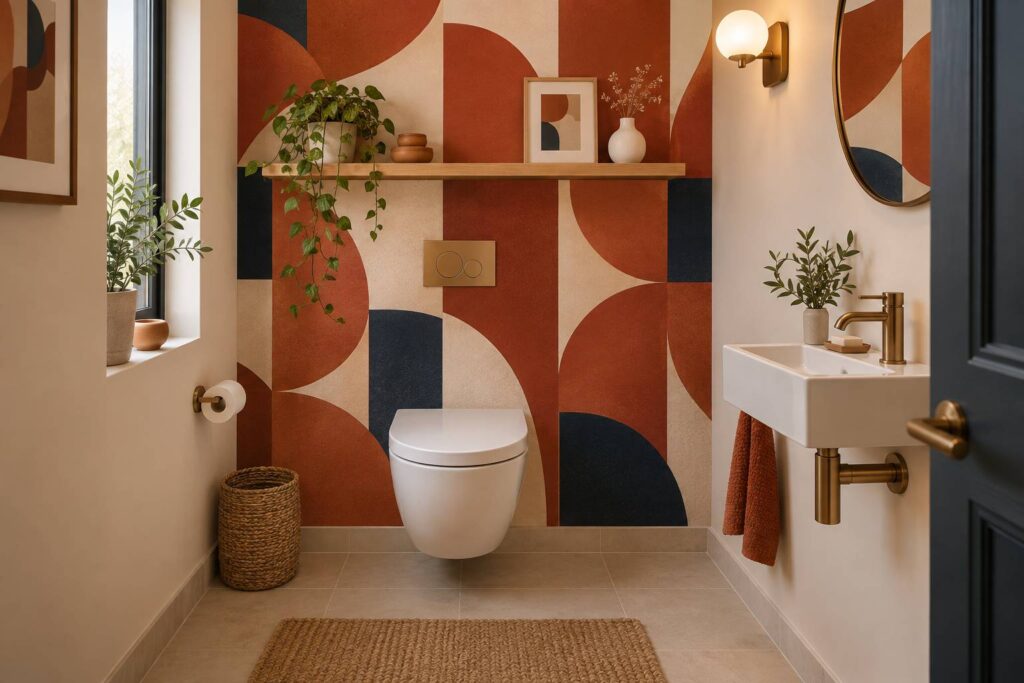 Petits WC renoves avec papier peint graphique et etagere en bois clair