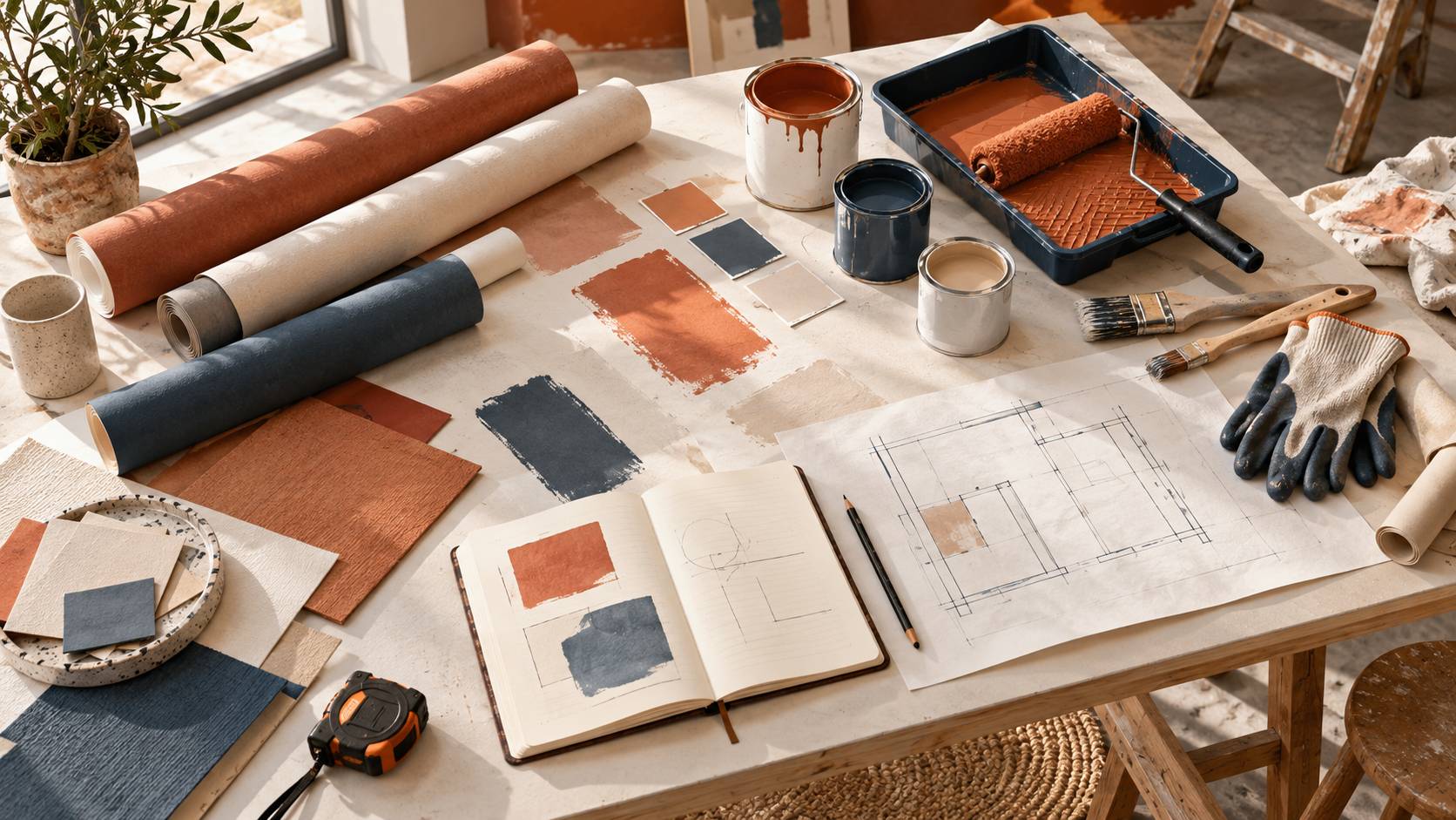 Echantillons de papier peint et de peinture avec pinceaux sur un plan de travail