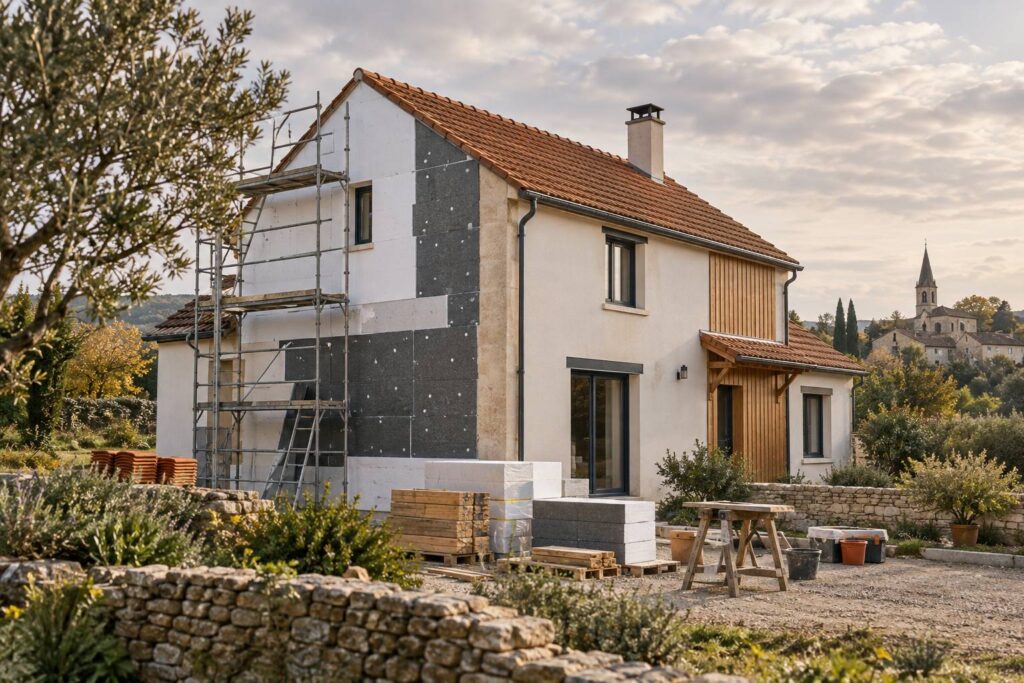 Maison sobre en renovation avec echafaudage et materiaux d'isolation
